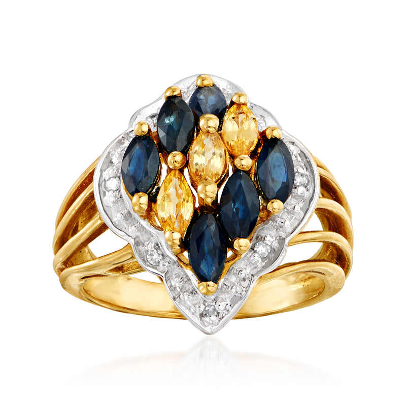 10kt yellow gold sapphire ring with blue and yellow stones and diamond accents