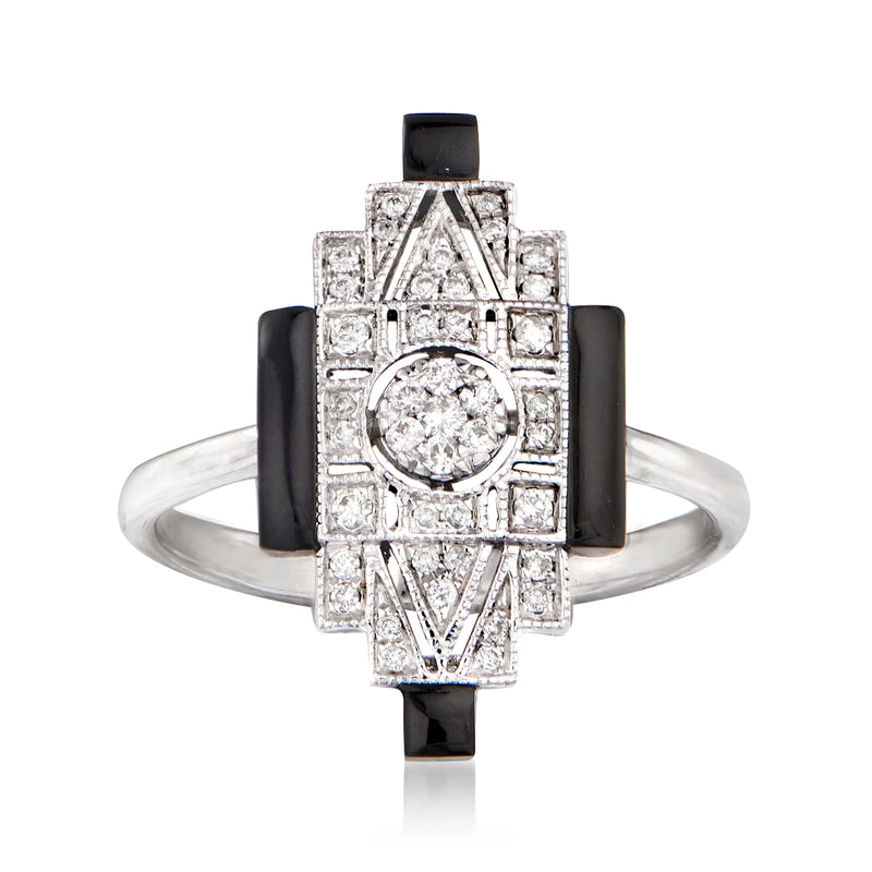 White gold diamond ring with black onyx center and round diamond halo