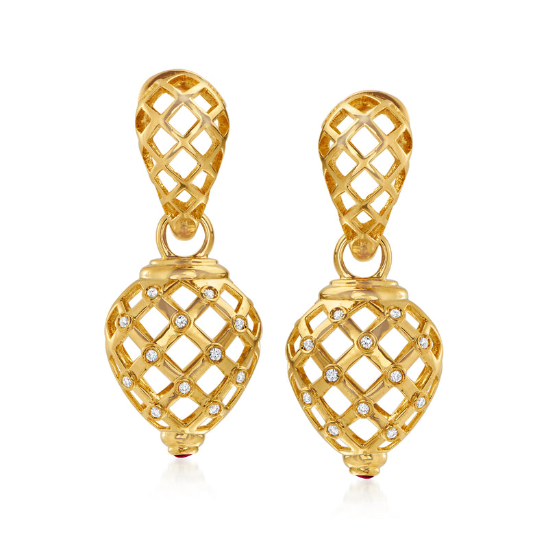 Yellow gold cage drop earrings with lattice teardrop and round diamond accents