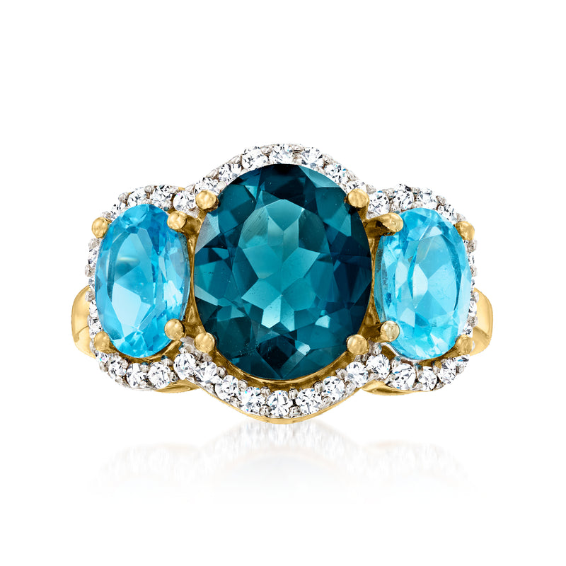 Oval teal topaz ring with London and sky blue stones, diamond halo, 14kt yellow gold