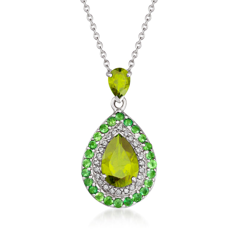 Sterling silver multi-gemstone halo pendant necklace with green pear drop center