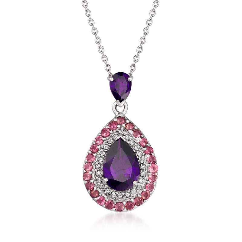Sterling silver pendant necklace with purple teardrop center and pink gem halo