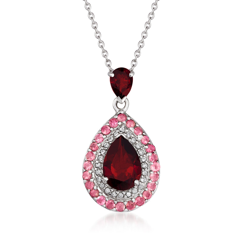 Sterling silver halo pendant necklace with red teardrop gemstone and pink gem rim