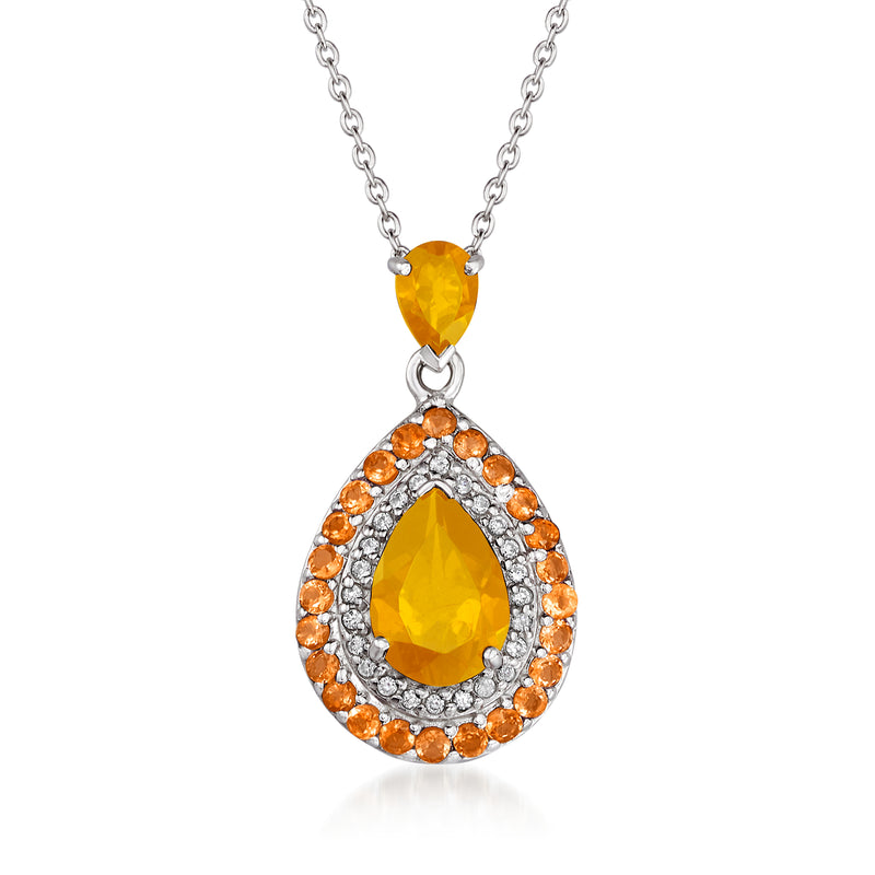 Sterling silver teardrop halo pendant necklace with orange gemstone drops and chain