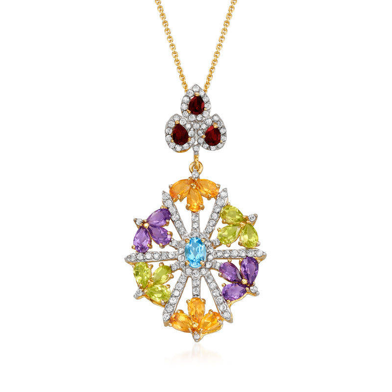 Floral pendant necklace in gold over sterling with gemstones: red, purple, blue, green, orange