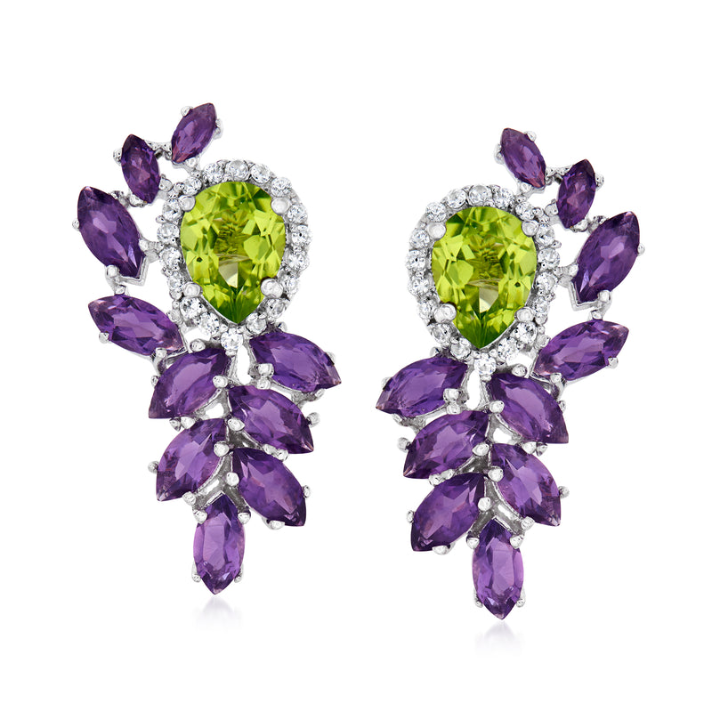 Sterling silver drop earrings with oval green center gems and purple marquise clusters