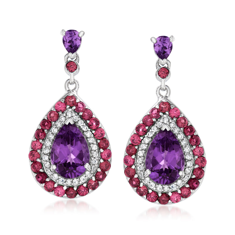 Sterling silver multi-gemstone halo drop earrings with teardrop amethyst and pink stones