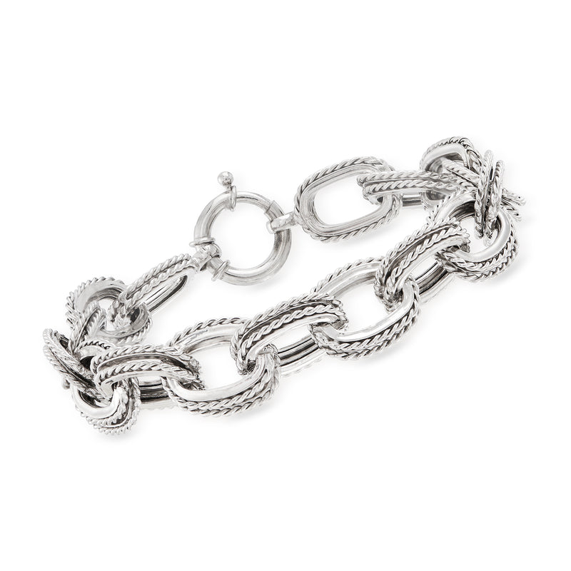 Sterling silver roped double-oval link bracelet with polished round and oval links
