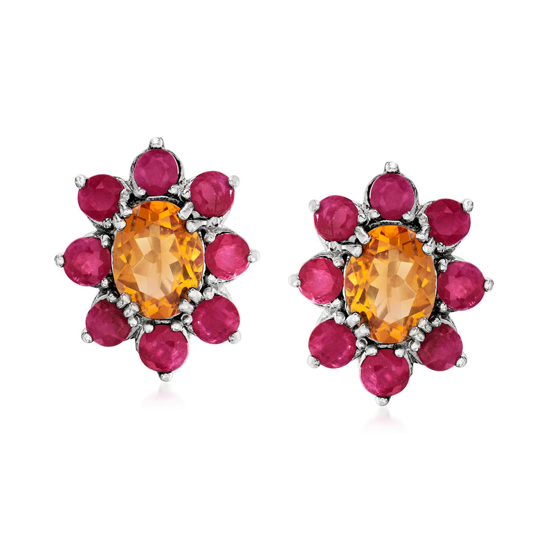 Sterling silver flower stud earrings with orange citrine center and pink ruby petals
