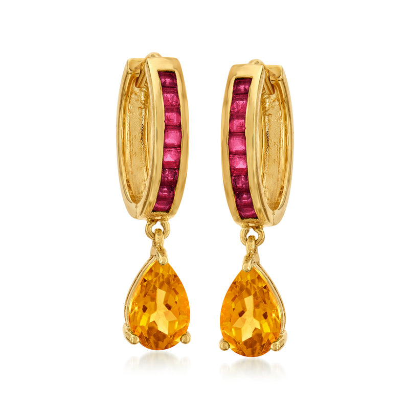Gold hoop drop earrings with ruby inlay and citrine teardrop dangle