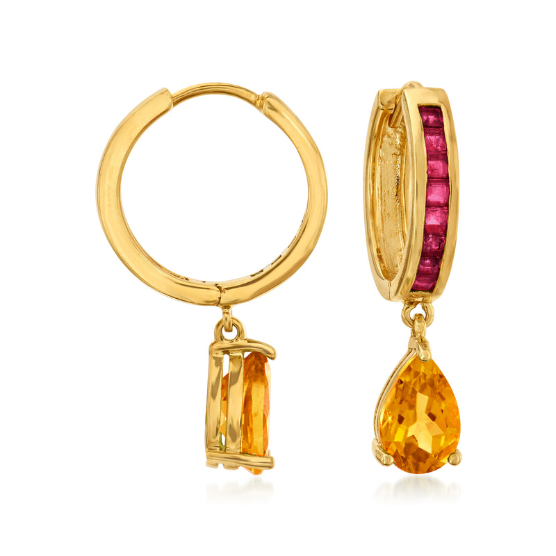 Gold hoop drop earrings with red ruby band and citrine pear-shaped dangle