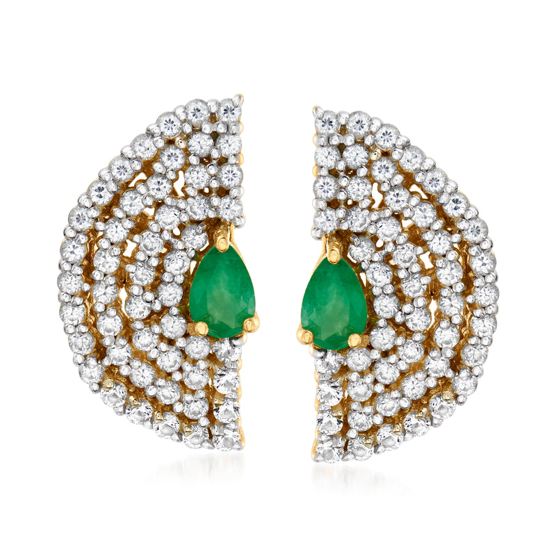 Fan-shaped stud earrings with white zircon-like stones and green pear-drop accents in gold tone