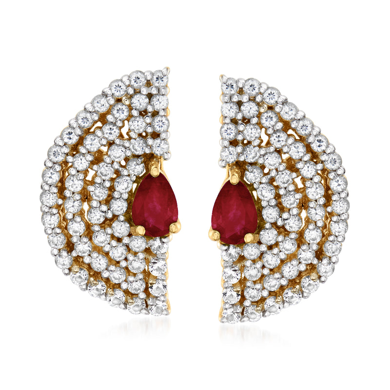 18kt gold over sterling fan stud earrings with white zircon clusters and red ruby teardrop