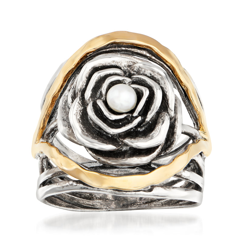 Sterling silver rose ring with round cultured pearl and 14kt yellow gold accents