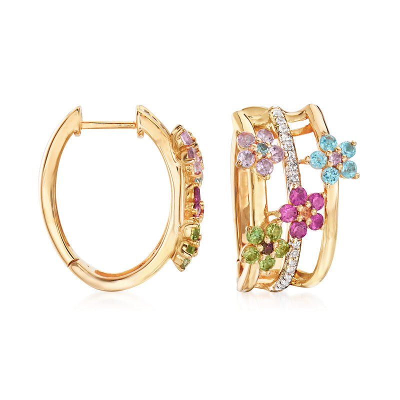 Gold hoop earrings with multicolor gemstone flower cluster accents