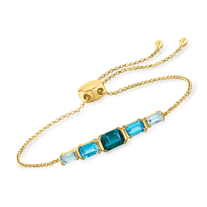 Gold over sterling bolo bracelet with blue topaz-style baguette beads and adjustable chain