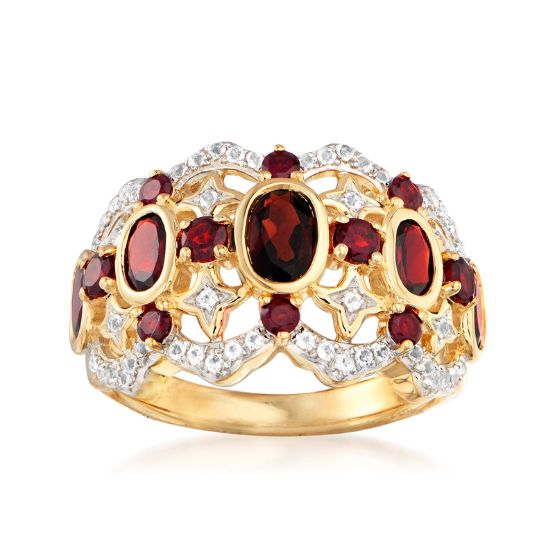 18kt gold over sterling ring with oval garnet stones and white topaz accents