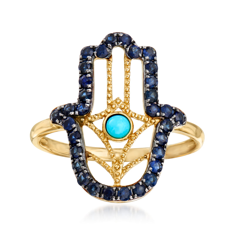 14kt yellow gold hamsa hand ring with blue sapphire halo and turquoise center stone