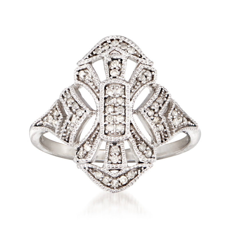 14kt white gold diamond openwork ring with marquise-shaped frame and round diamond accents