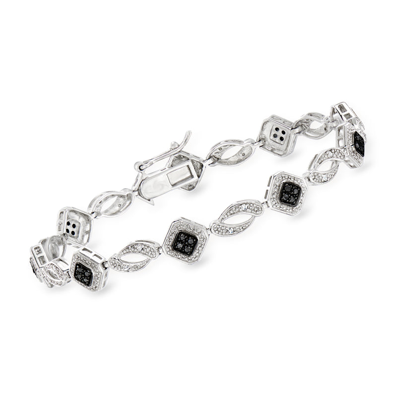 Sterling silver diamond tennis bracelet with black and white square accents and oval links