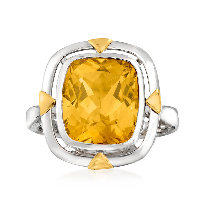 Sterling silver ring with cushion-cut yellow citrine and gold triangle accents