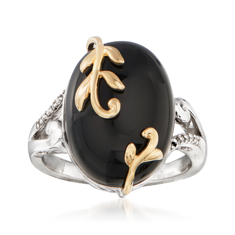 Sterling silver ring with oval black onyx cabochon and 14kt yellow gold leaf accents