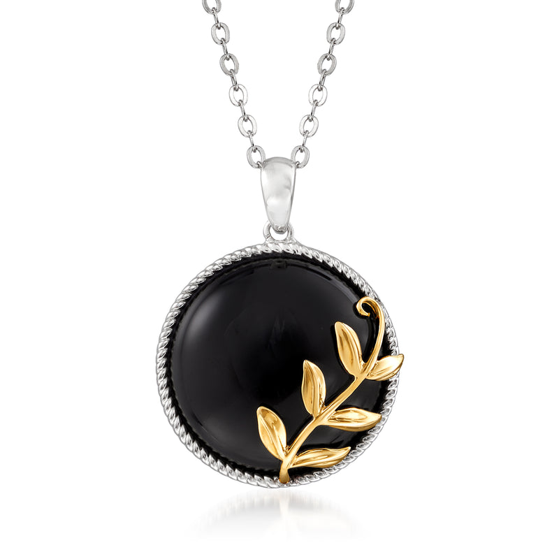 Sterling silver pendant necklace with round black onyx and 14kt yellow gold leaf accents