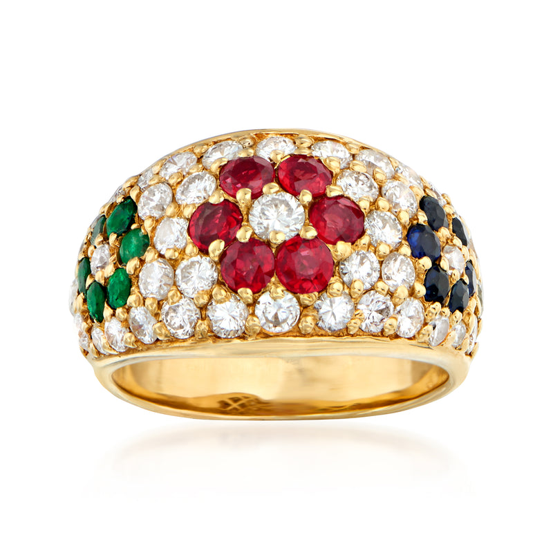 Vintage multigem flower ring in 18kt yellow gold with red, green and dark stones