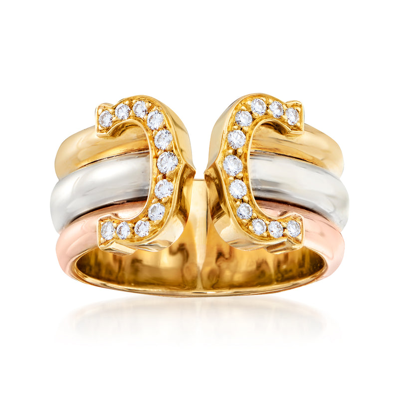 18kt yellow gold double-C diamond ring with round stones, overlapping C design