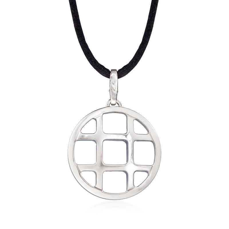 Cartier Pasha grid pendant necklace with round white gold charm on black silk cord