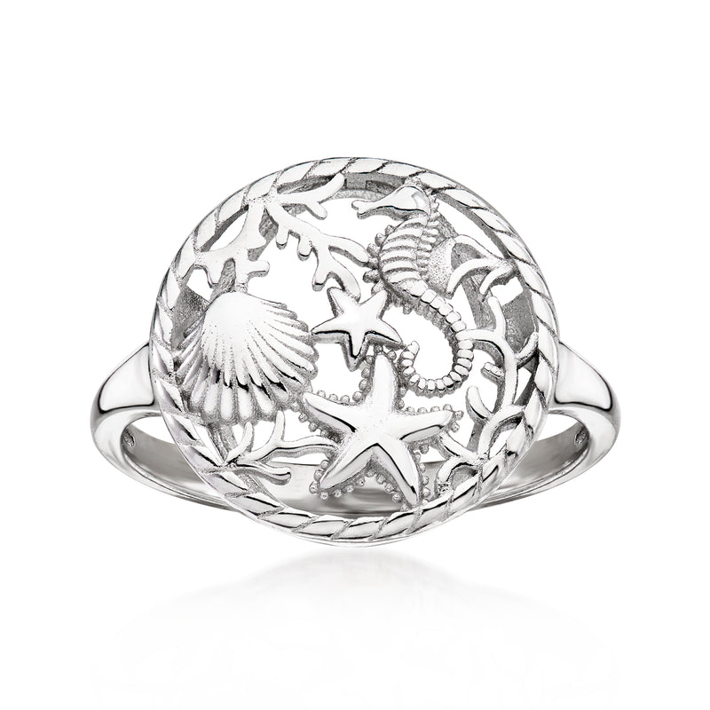 Sterling silver sea life dome ring with shell, starfish, and seahorse engraving