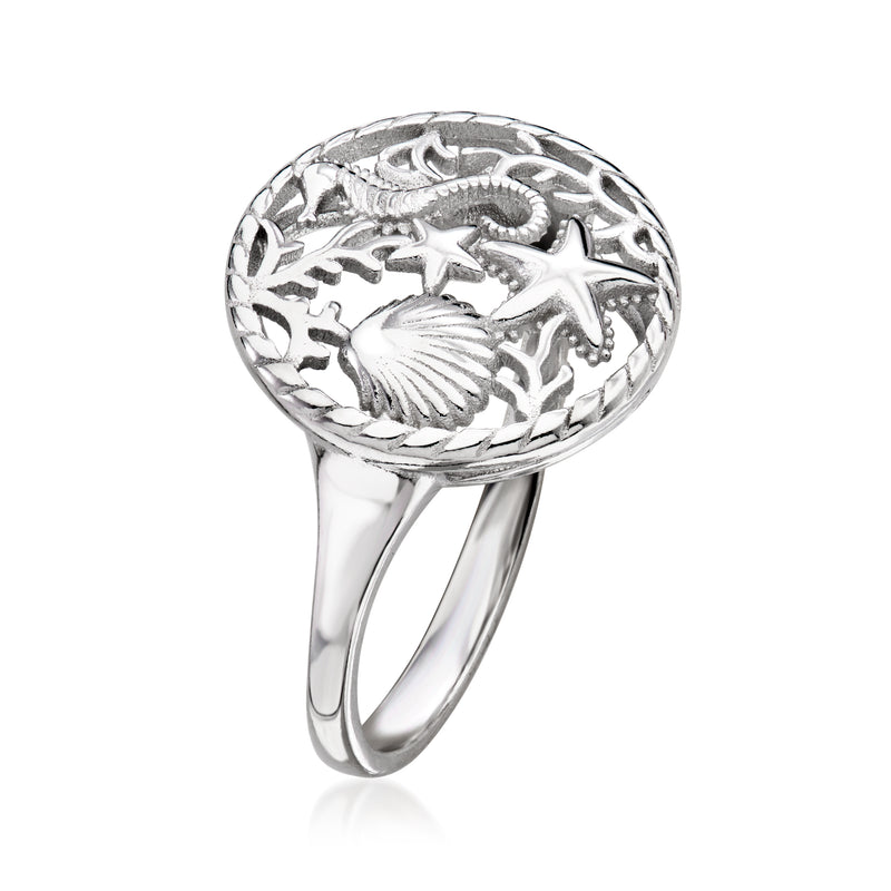 Sterling silver sea life dome ring, side view with shell and starfish engravings