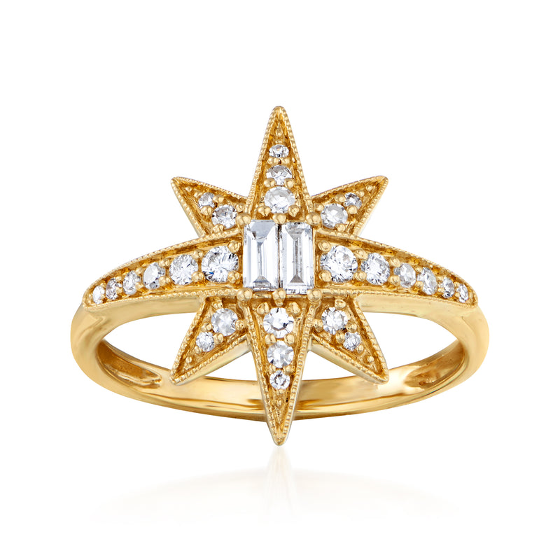 14kt yellow gold diamond star ring with baguette center and round stone halo