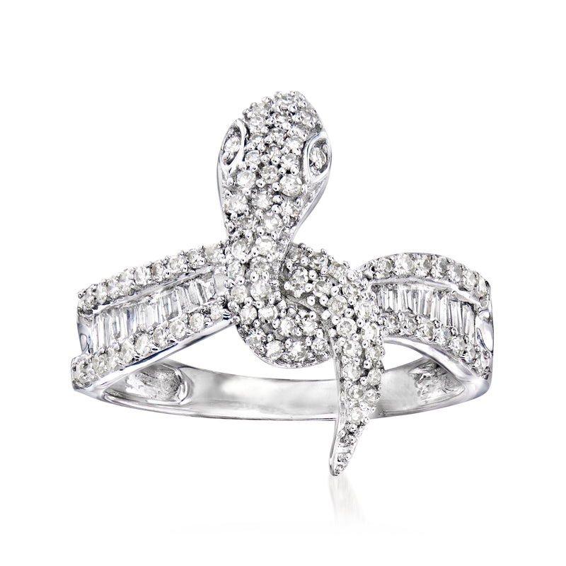 14kt white gold diamond snake ring with pavé and baguette stones