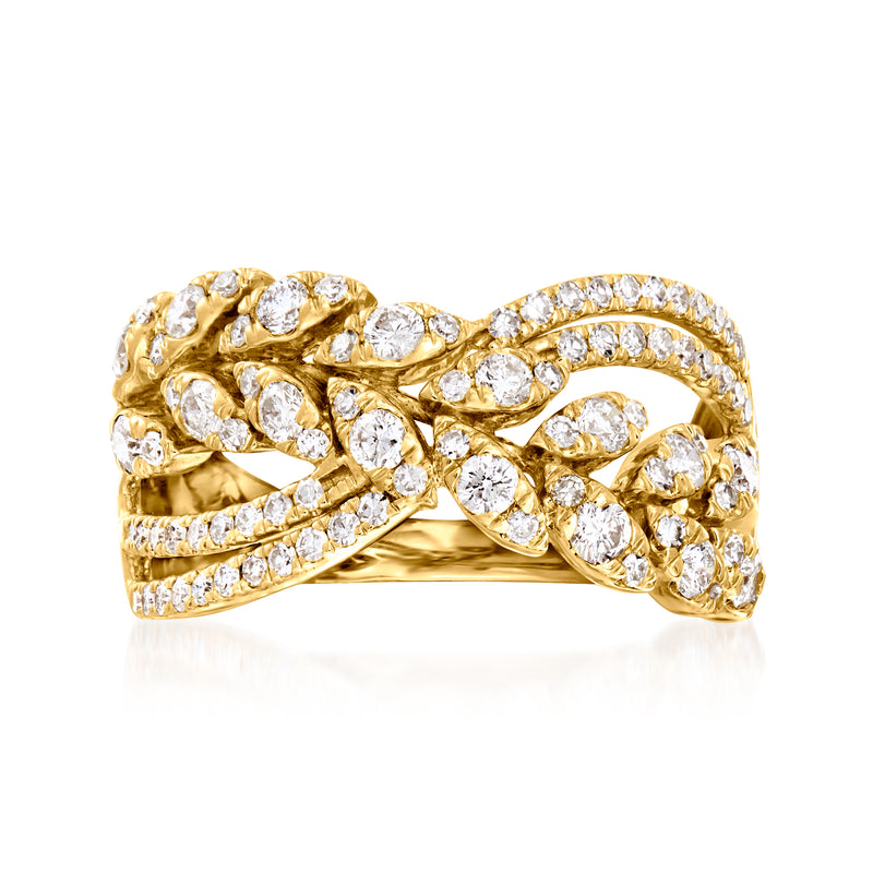 Diamond leaf crossover ring in 14kt yellow gold with pavé-set stones