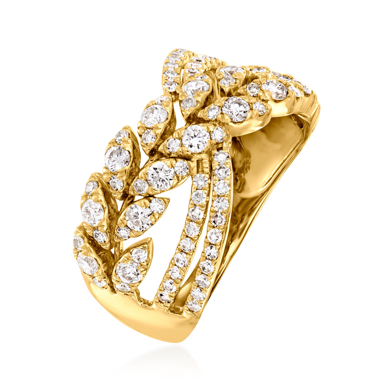Diamond leaf crossover ring in 14kt yellow gold