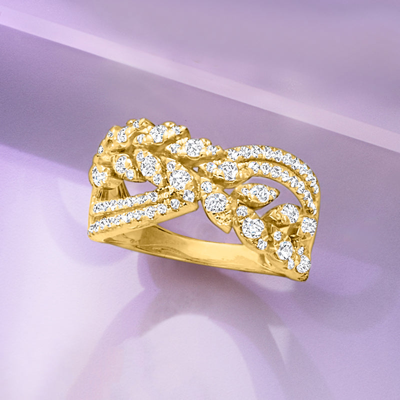 Diamond leaf crossover ring in yellow gold