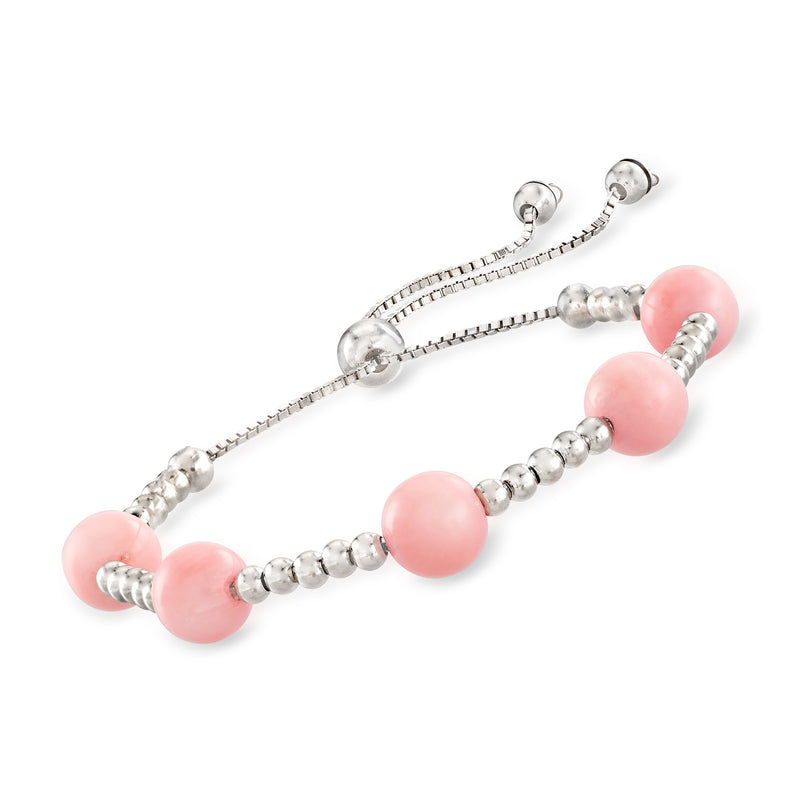 Sterling silver bolo bracelet with pink bead and coral-style accents