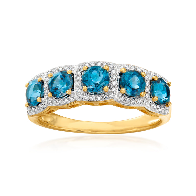 18kt gold over sterling ring with oval London blue topaz and white diamond accents