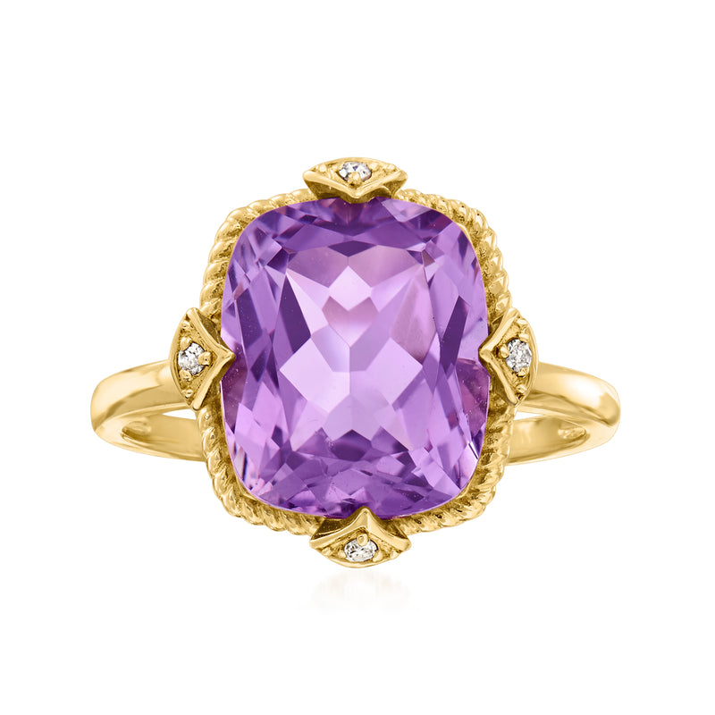 14kt yellow gold faceted amethyst cushion ring with diamond accents