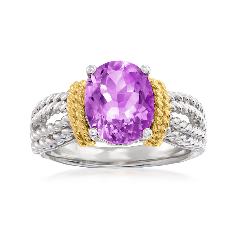 Rope-style sterling silver ring with oval purple amethyst and yellow gold accents