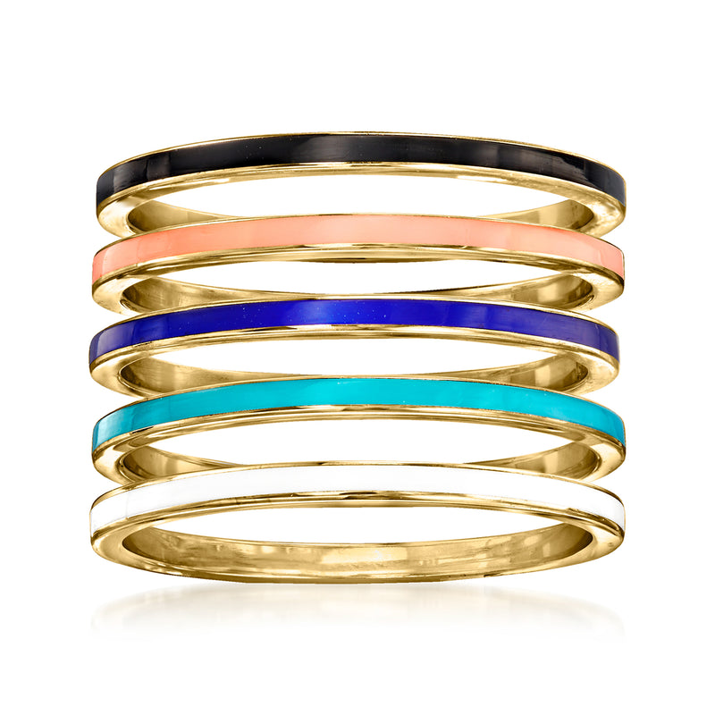 Five gold-tone enamel rings stack set with coral, blue, and teal bands
