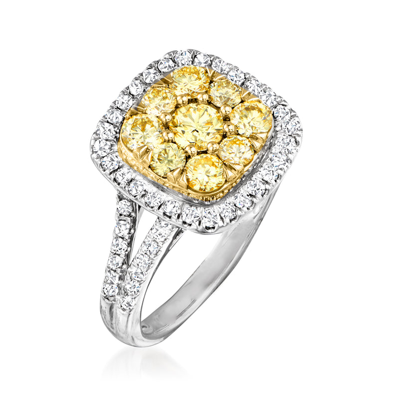 Two-tone gold diamond ring with yellow center cluster and white diamond halo