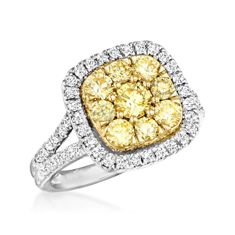 Two-tone gold diamond ring showing yellow cushion center with white halo and shank