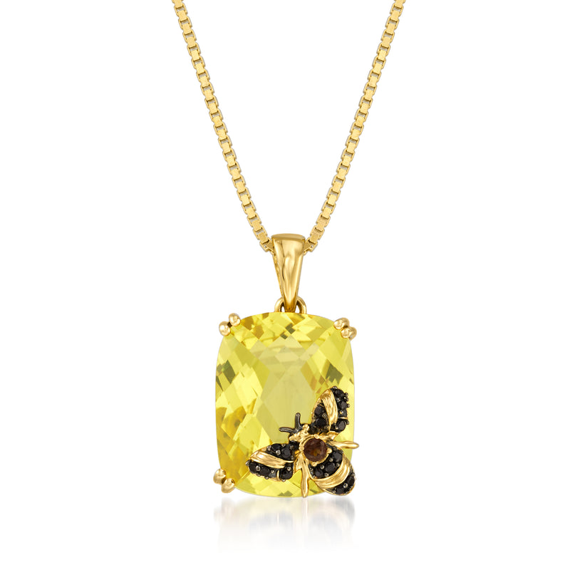 Gold-tone bee pendant necklace with square lemon quartz centerpiece, chain and bail