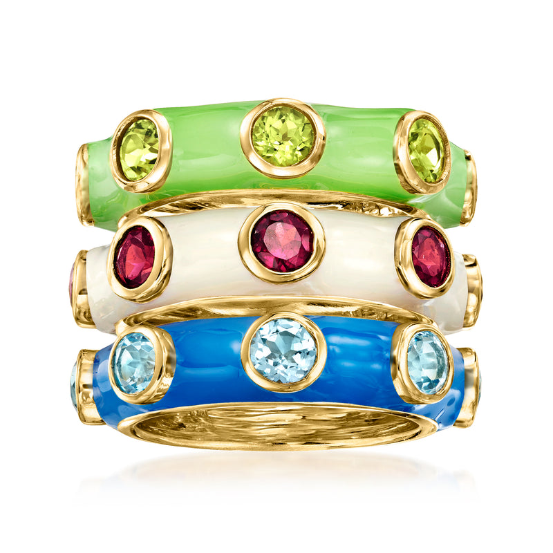 Three-ring set of green, pink, and blue enamel with gold-tone round gemstone bezels