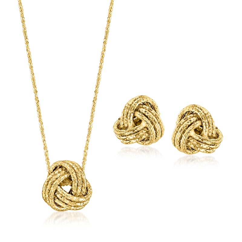 14kt yellow gold love knot necklace with matching stud earrings, heart-knot design