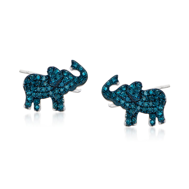 Blue diamond elephant stud earrings, sterling silver posts, blue pave detail