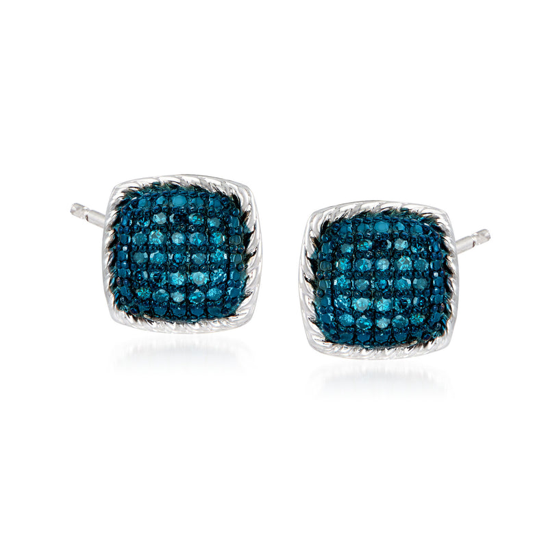 Sterling silver blue diamond stud earrings, square cushion studs with blue stones