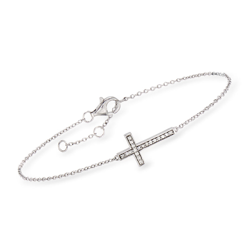 Sterling silver diamond sideways cross bracelet with small square-set cross detail
